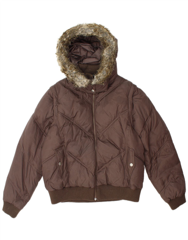 Marks & Spencer Womens Hooded Padded Jacket UK 14 Large Brown Polyamide