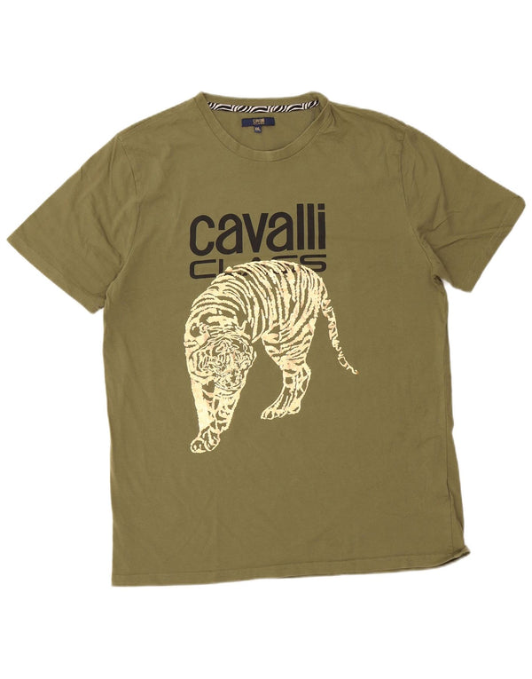 Cavalli Womens Graphic T-Shirt Top UK 20 2XL Khaki Animal Print Cotton