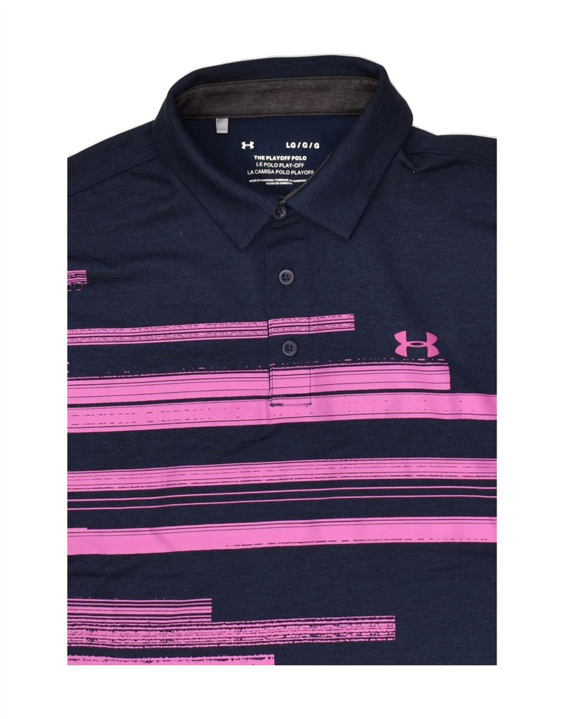 UNDER ARMOUR Mens Graphic Polo Shirt Large Navy Blue Striped Polyester | Vintage Under Armour | Thrift | Second-Hand Under Armour | Used Clothing | Messina Hembry 