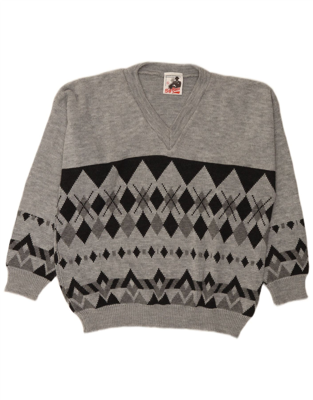 Vintage Mens V-Neck Jumper Sweater XL Grey Argyle/Diamond Acrylic