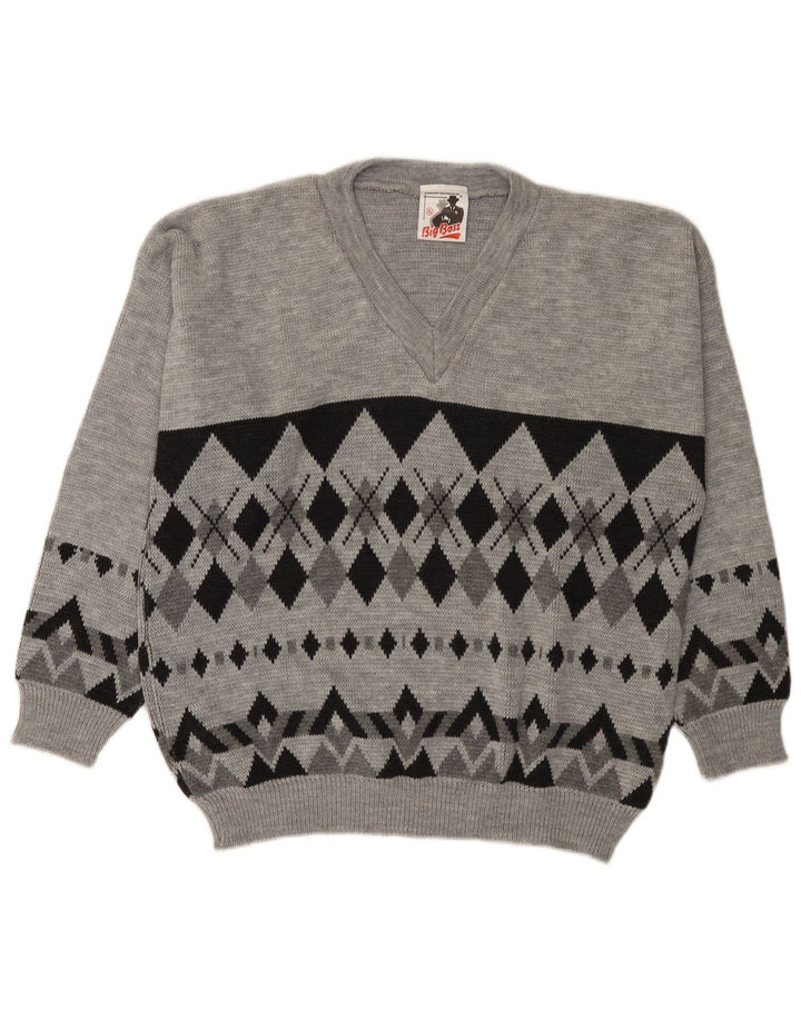 Vintage Mens V-Neck Jumper Sweater XL Grey Argyle/Diamond Acrylic