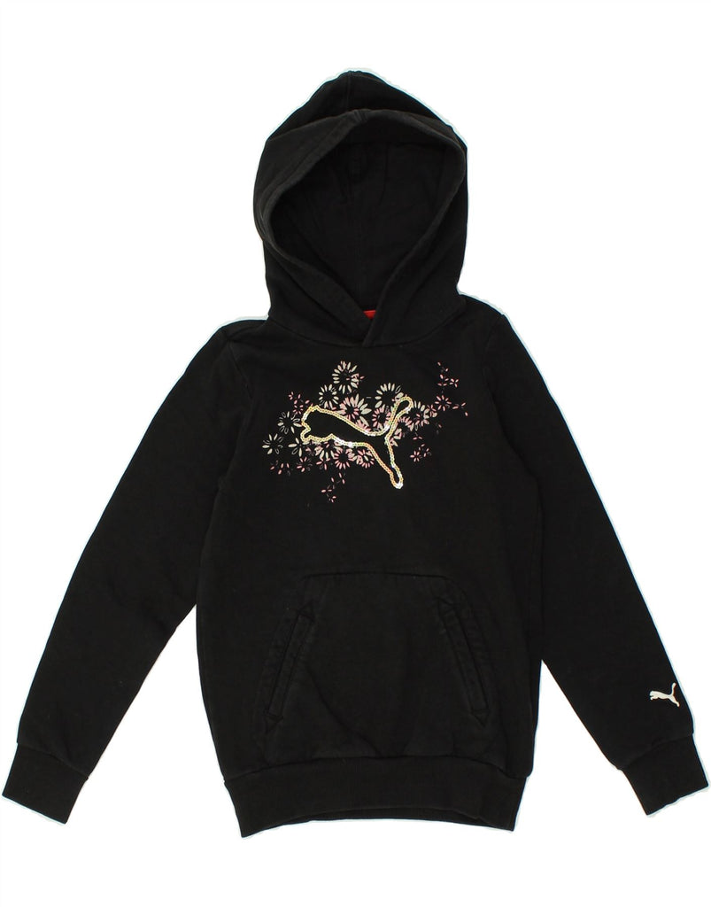 PUMA Girls Graphic Hoodie Jumper 9-10 Years Black Cotton | Vintage Puma | Thrift | Second-Hand Puma | Used Clothing | Messina Hembry 