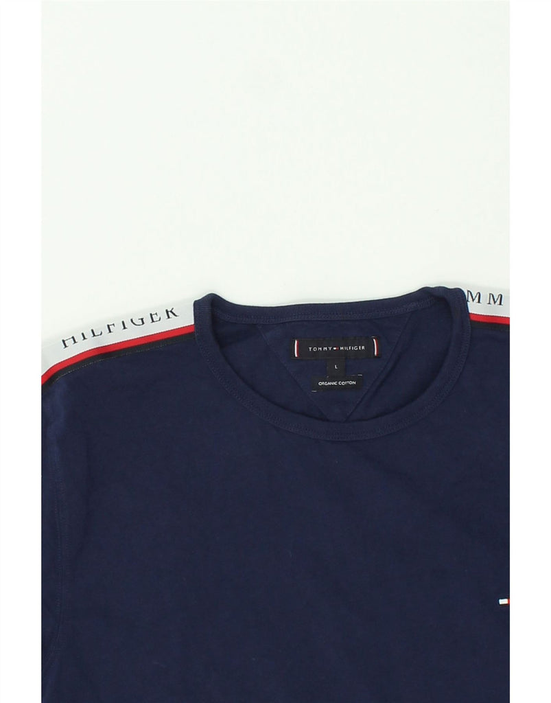 TOMMY HILFIGER Mens Graphic T-Shirt Top Large Navy Blue Colourblock Cotton | Vintage Tommy Hilfiger | Thrift | Second-Hand Tommy Hilfiger | Used Clothing | Messina Hembry 