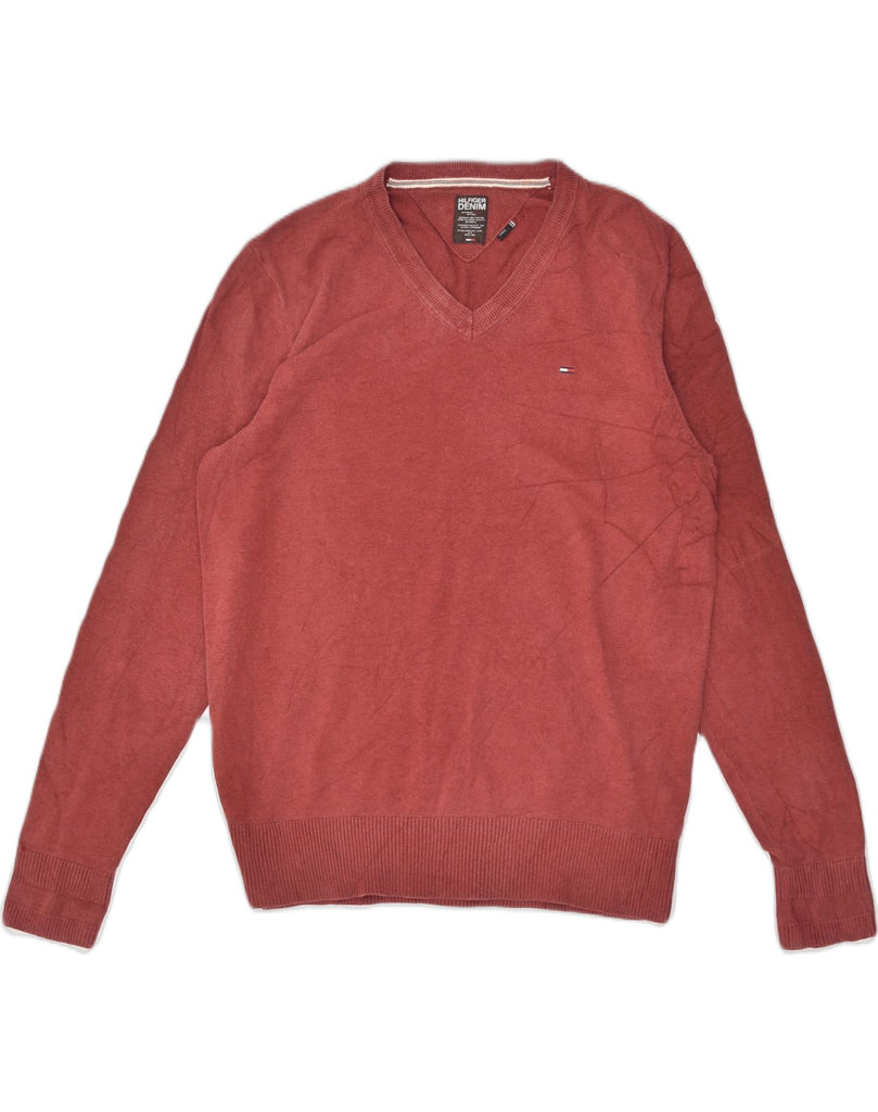 TOMMY HILFIGER Mens V-Neck Jumper Sweater Large Maroon Cotton | Vintage Tommy Hilfiger | Thrift | Second-Hand Tommy Hilfiger | Used Clothing | Messina Hembry 