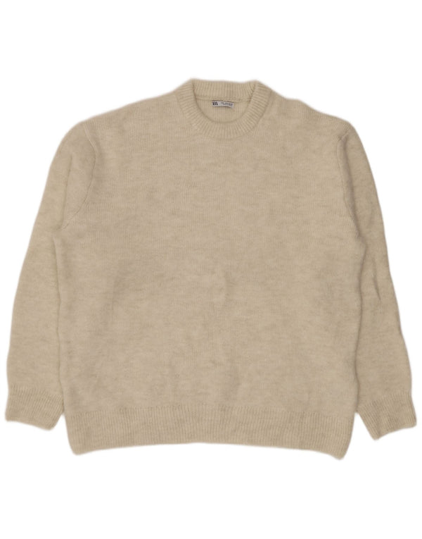 ZARA Mens Crew Neck Jumper Sweater Large Beige Acrylic