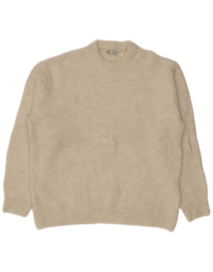 ZARA Mens Crew Neck Jumper Sweater Large Beige Acrylic