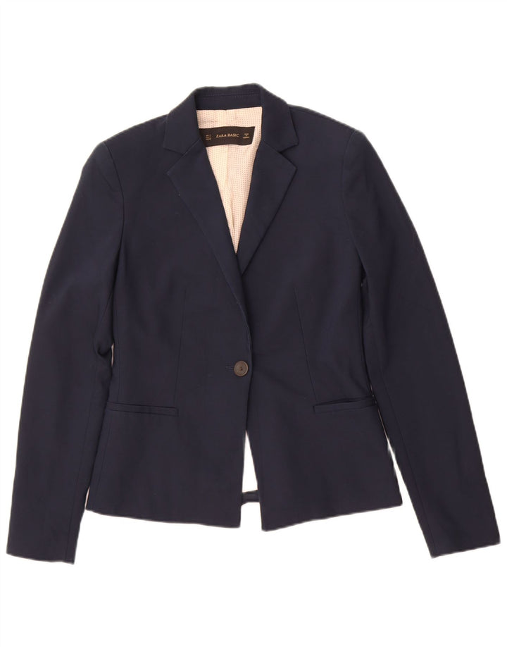 Zara Womens 1 Button Blazer Jacket UK 10 Small Navy Blue Cotton