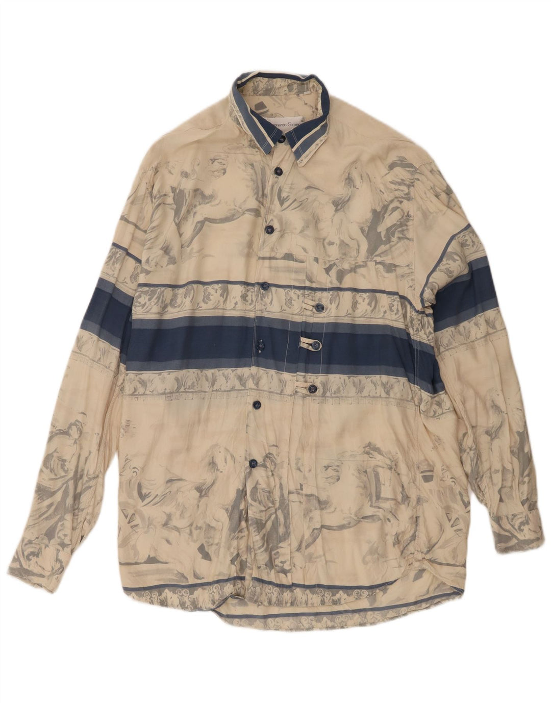Vintage Mens Abstract Pattern Shirt Medium Beige Colourblock Viscose