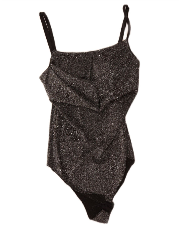 Vintage Womens Sleeveless Bodysuit UK 8 Small Black Flecked Polyester