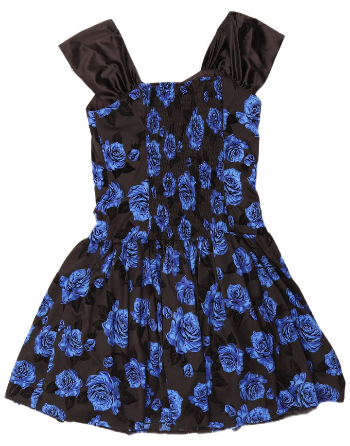 VINTAGE Womens Sleeveless A-Line Dress IT 42 Medium Blue Floral Polyester