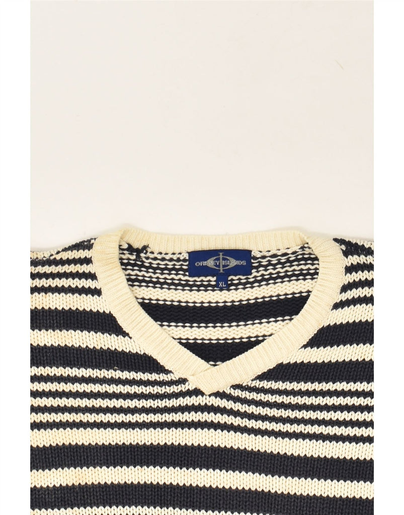 VINTAGE Mens Slim Fit V-Neck Jumper Sweater XL Navy Blue Striped Cotton | Vintage Vintage | Thrift | Second-Hand Vintage | Used Clothing | Messina Hembry 