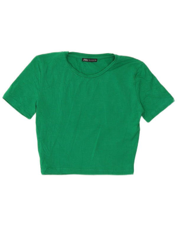 Zara Womens Crop T-Shirt Top UK 8 Small Green Cotton