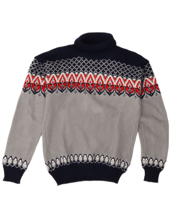 Vintage Mens Roll Neck Jumper Sweater Medium Blue Fair Isle Acrylic