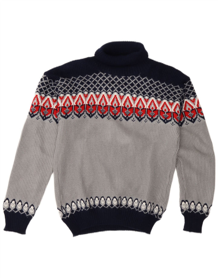 Vintage Mens Roll Neck Jumper Sweater Medium Blue Fair Isle Acrylic