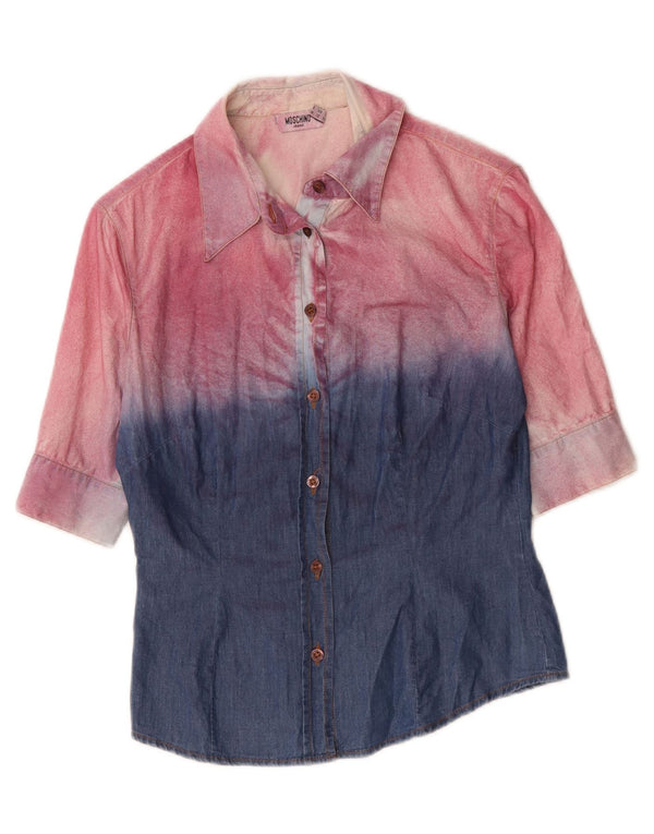 MOSCHINO Womens Short Sleeve Denim Shirt UK 12 Medium  Pink Colourblock