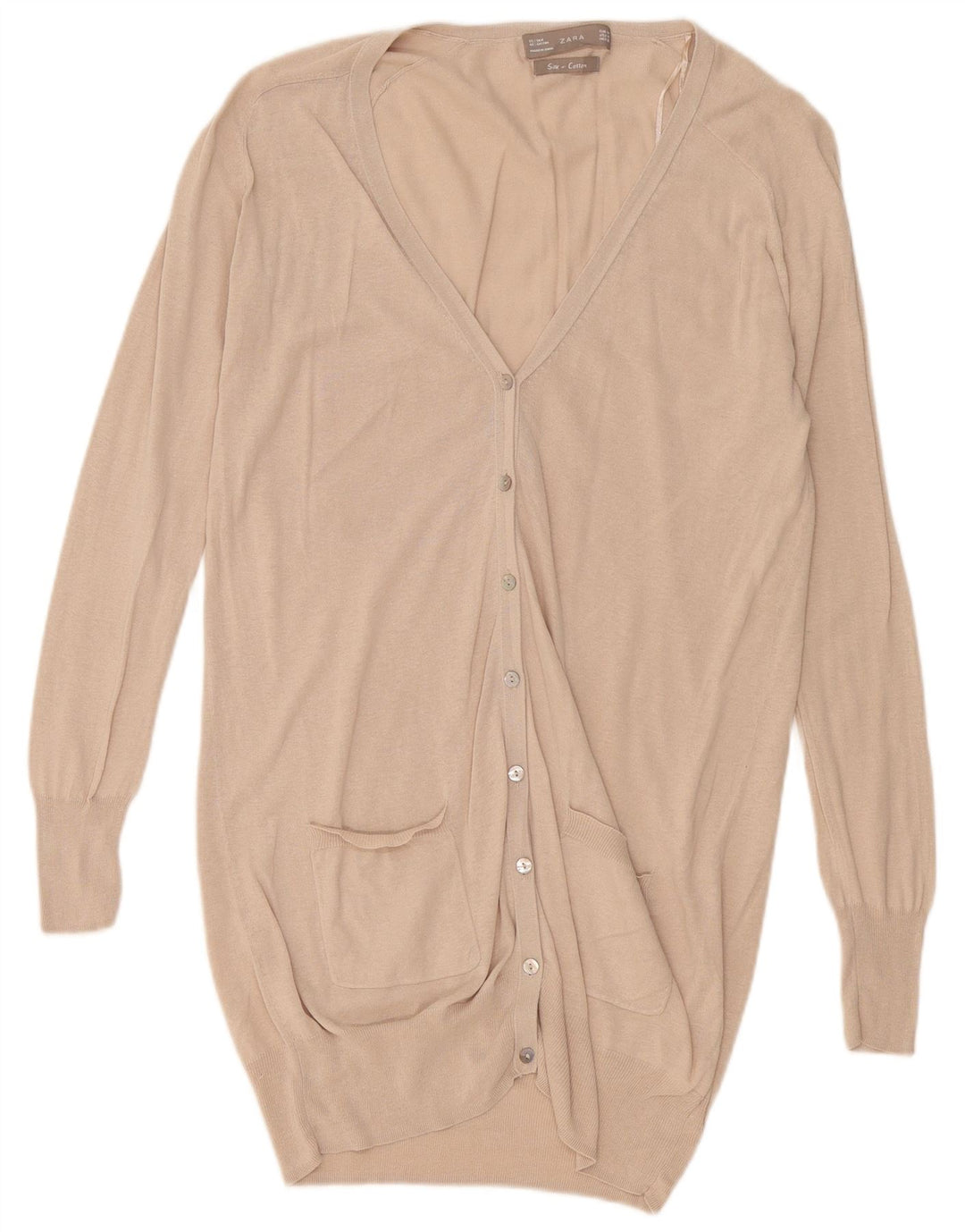 Zara Womens Longline Cardigan Sweater UK 14 Medium Beige Silk