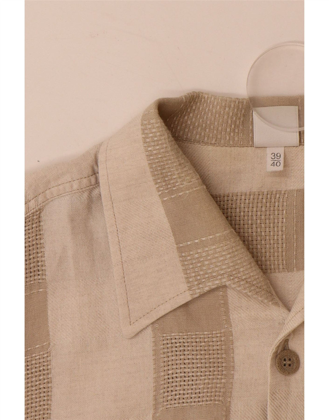 WALBUSCH Mens Short Sleeve Shirt Size 39/40 Medium Beige Striped Linen