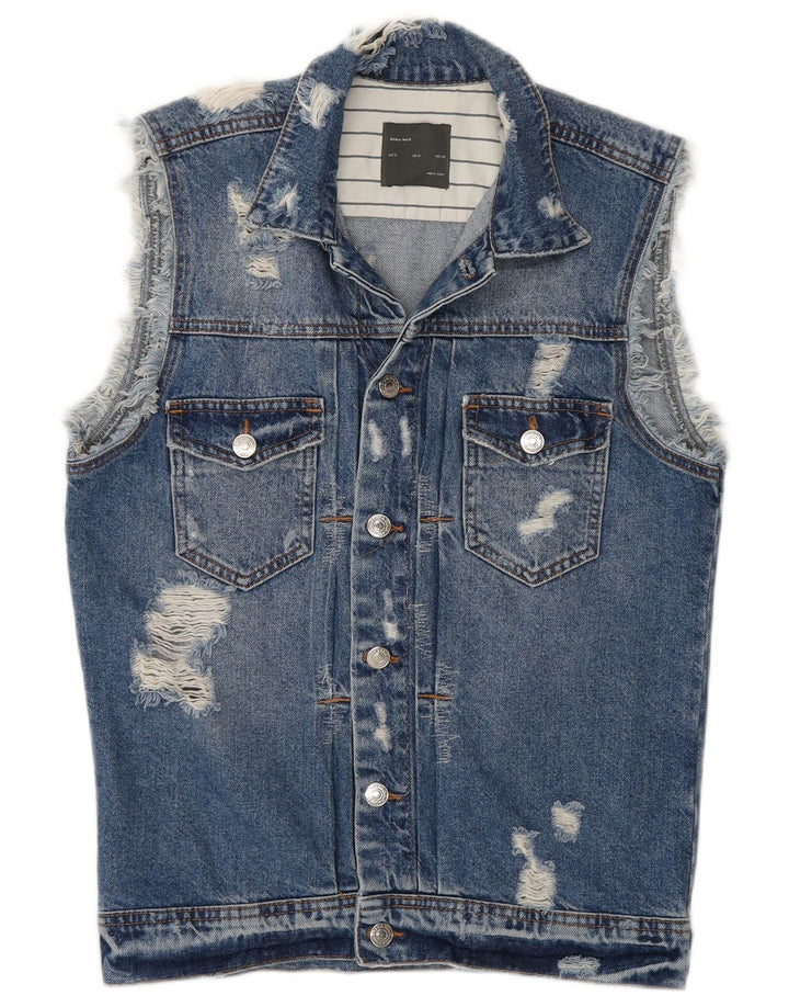 Zara Mens Distressed Denim Gilet UK 36 Small Blue Cotton