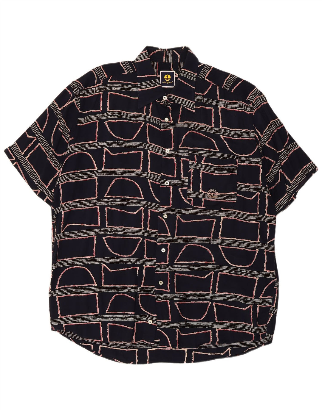 Navigare Mens Short Sleeve Shirt Large Navy Blue Geometric Viscose