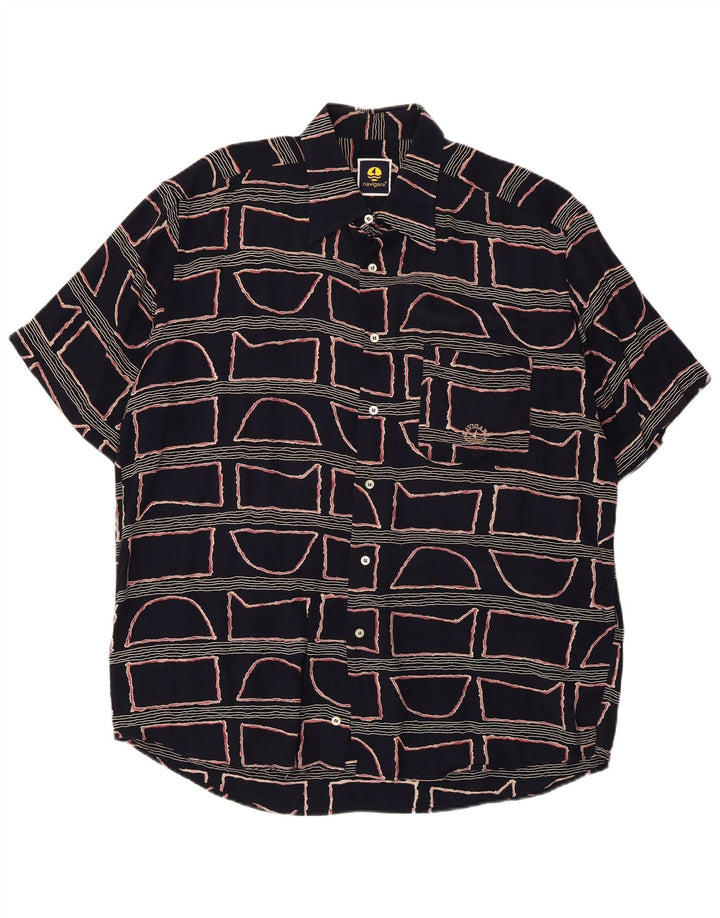 Navigare Mens Short Sleeve Shirt Large Navy Blue Geometric Viscose