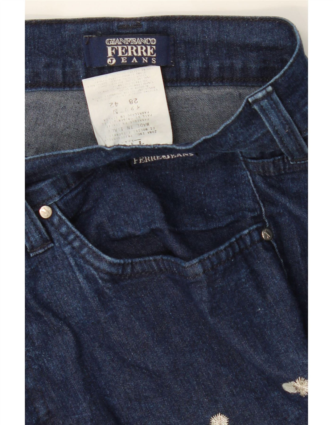 FERRE Womens Graphic Bootcut Jeans W28 L33 Blue Check Cotton Vintage Ferre and Second-Hand Ferre from Messina Hembry 