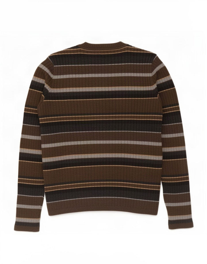 Zara Mens Crew Neck Jumper Sweater Large Brown Striped Wool