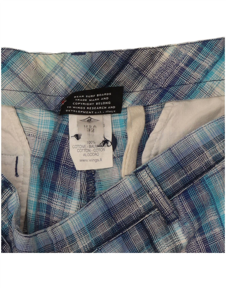Bear Mens Cargo Shorts  W32 Medium Blue Check Cotton