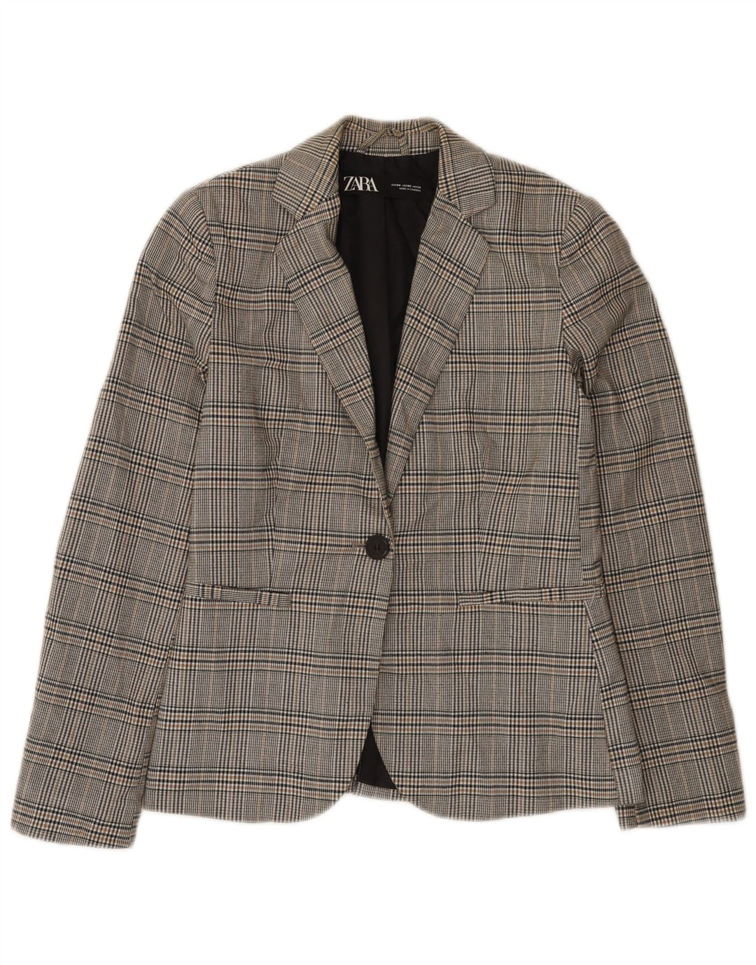 Zara Womens 1 Button Blazer Jacket EU 34 2XS Grey Check Polyester