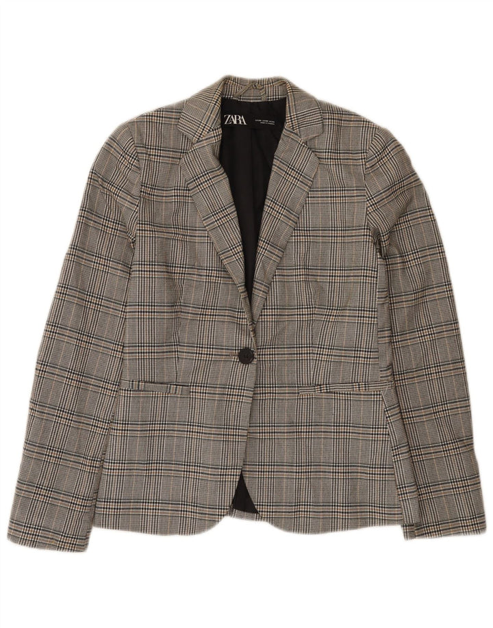 Zara Womens 1 Button Blazer Jacket EU 34 2XS Grey Check Polyester