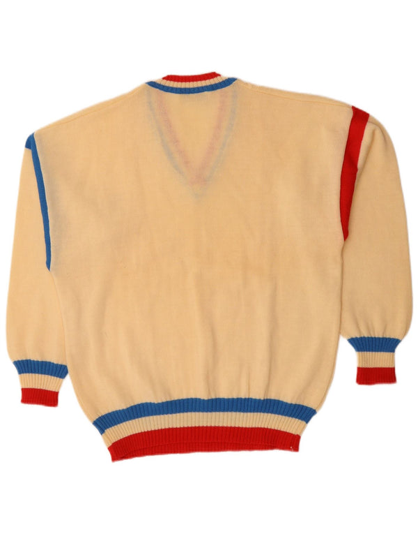 Enrico Coveri Mens V-Neck Jumper Sweater UK 40 Medium Off White Colourblock