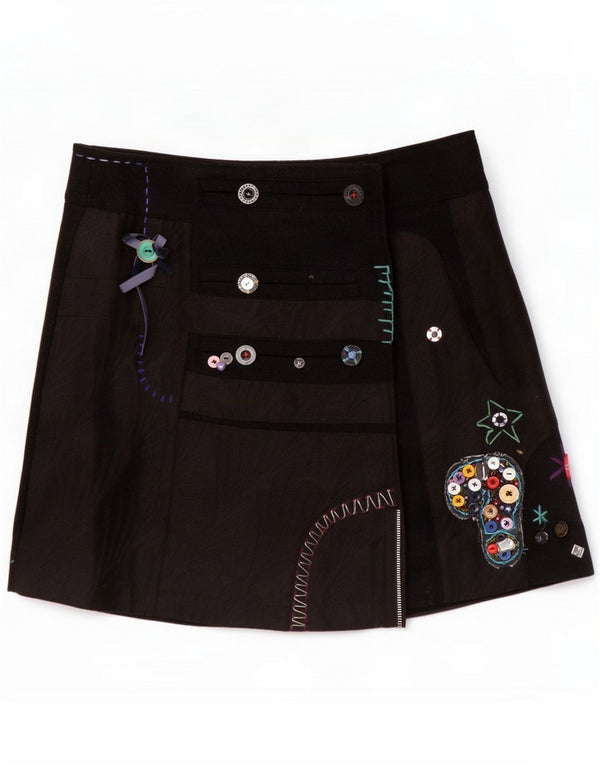 Desigual Womens Graphic Mini Wrap Skirt EU 40 Medium W32 Black Viscose