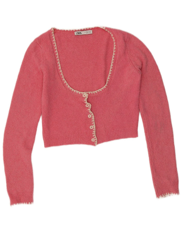 Zara Womens Crop Cardigan Sweater UK 12 Medium Pink Cotton