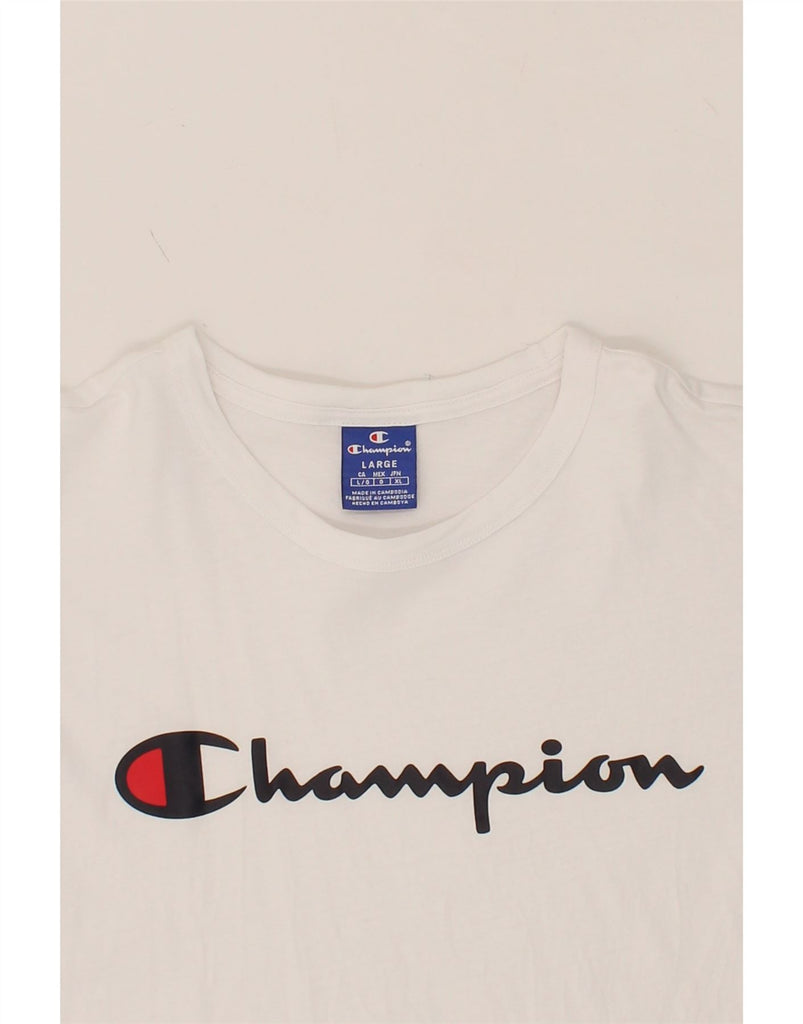 CHAMPION Mens Graphic T-Shirt Top Large White Colourblock Cotton Vintage Champion and Second-Hand Champion from Messina Hembry 