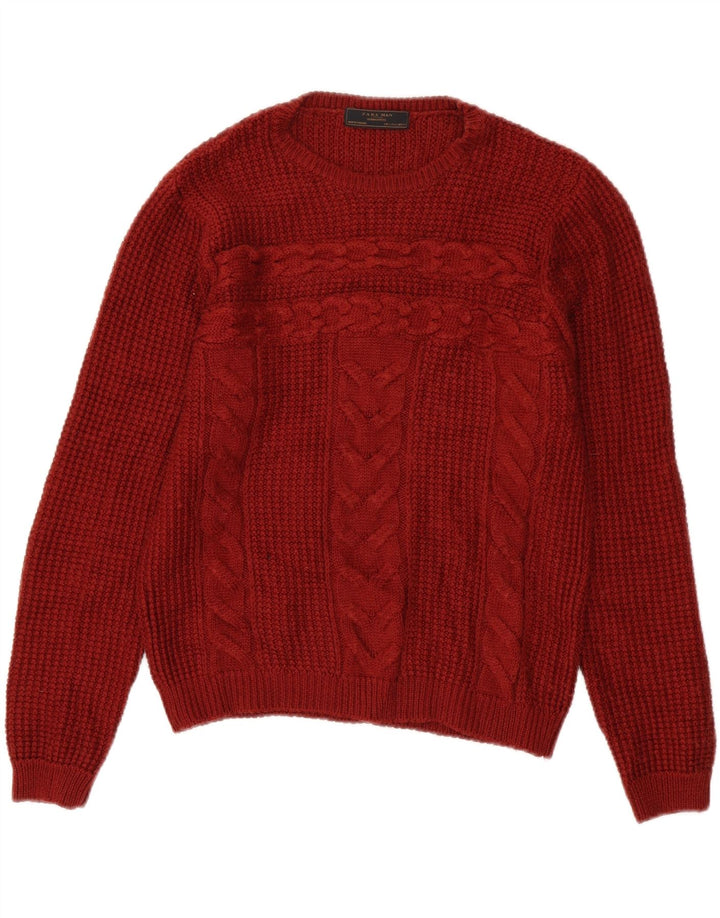ZARA Mens Crew Neck Jumper Sweater Large Maroon Acrylic