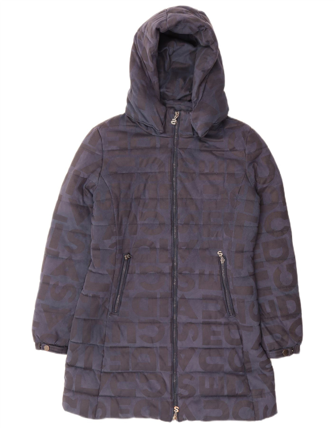 Desigual Womens Graphic Hooded Padded Coat EU 40 Medium Navy Blue Polyester