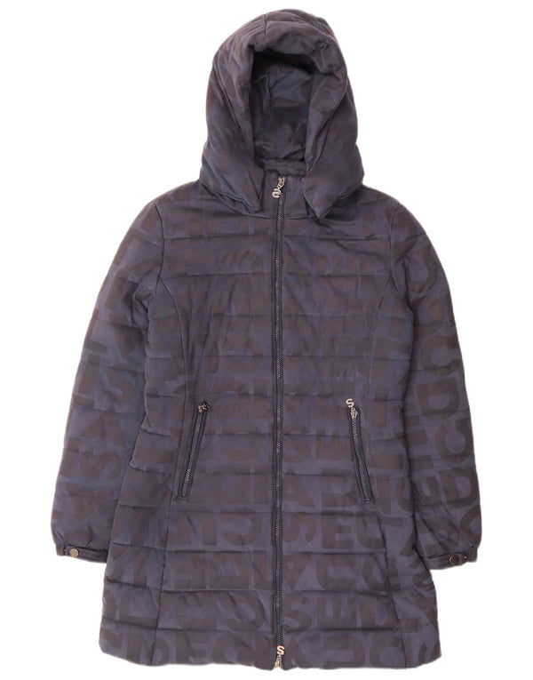 Desigual Womens Graphic Hooded Padded Coat EU 40 Medium Navy Blue Polyester
