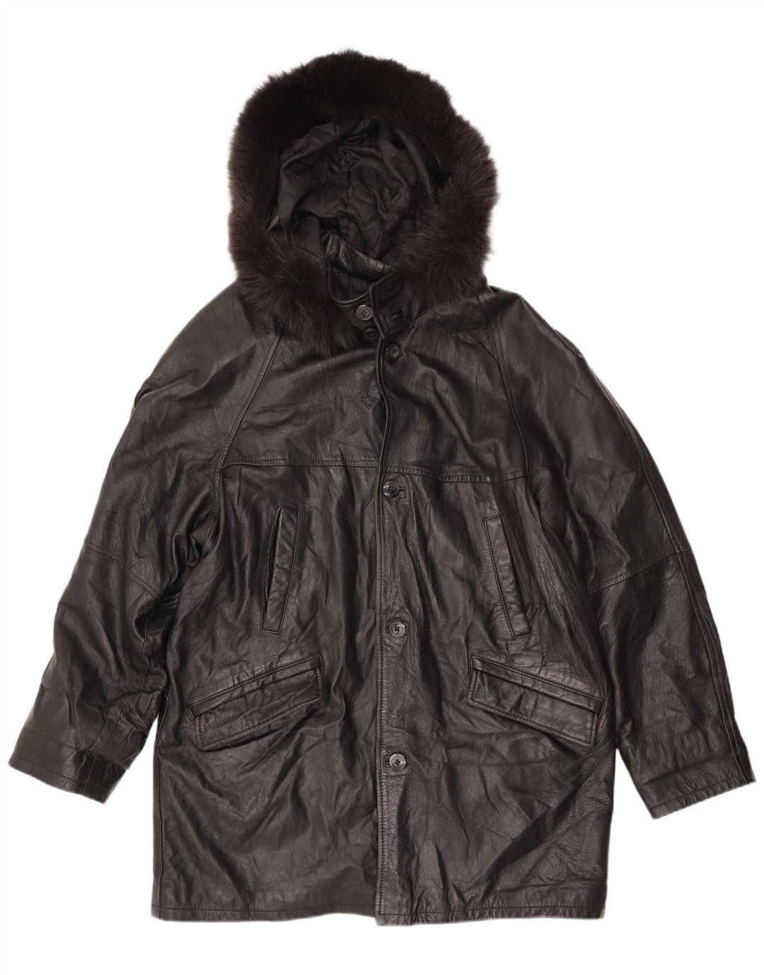 Vintage Womens Loose Fit Hooded Leather Coat UK 18 XL Black Leather