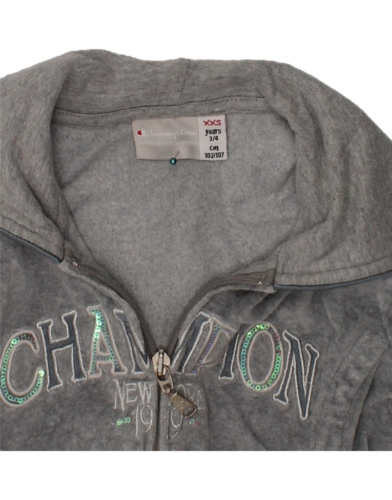 CHAMPION Girls Graphic Zip Hoodie Sweater 3-4 Years 2XS Grey Polyester | Vintage Champion | Thrift | Second-Hand Champion | Used Clothing | Messina Hembry 