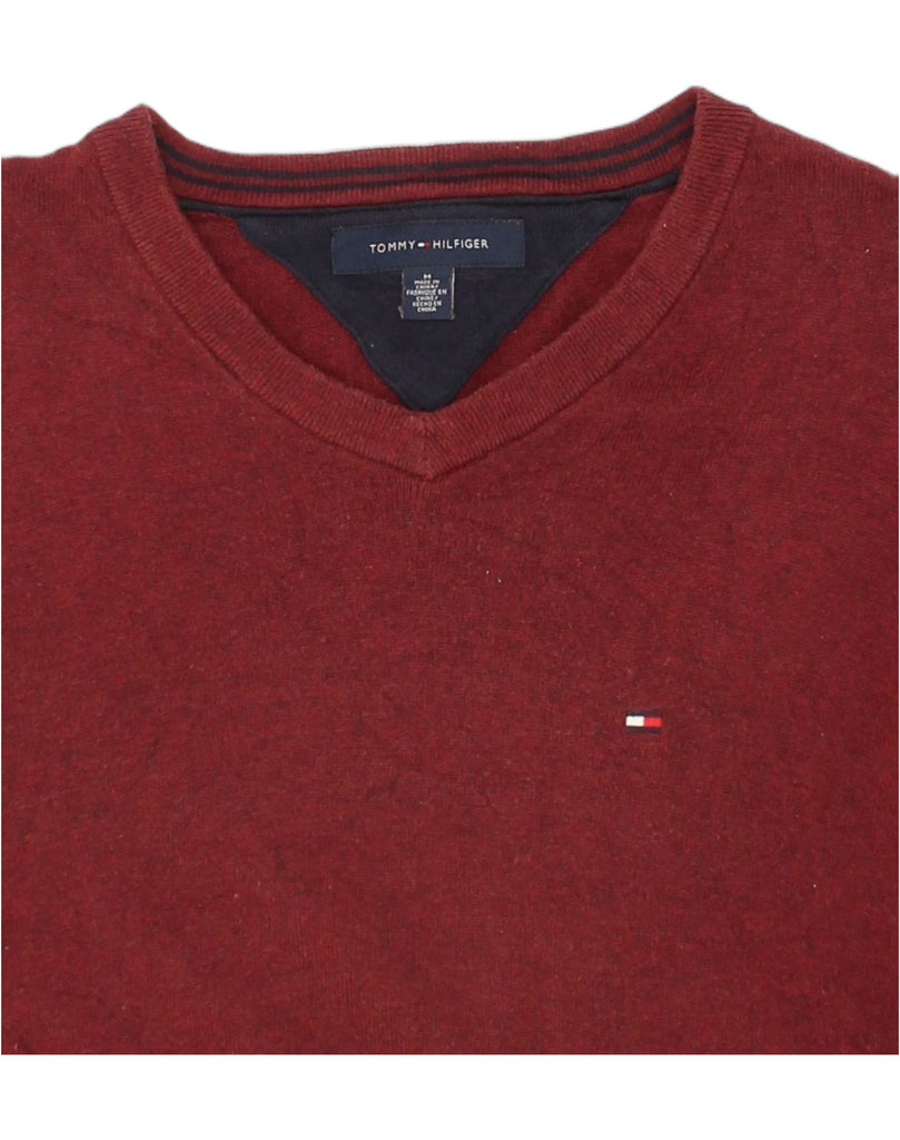 TOMMY HILFIGER Mens V-Neck Jumper Sweater Medium Burgundy Cotton | Vintage Tommy Hilfiger | Thrift | Second-Hand Tommy Hilfiger | Used Clothing | Messina Hembry 