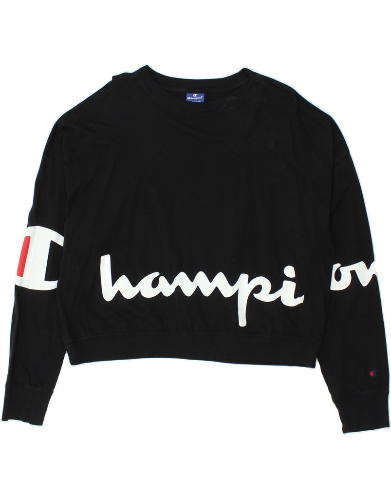 CHAMPION Womens Graphic Crop Sweatshirt Jumper UK 14 Medium Black Cotton | Vintage Champion | Thrift | Second-Hand Champion | Used Clothing | Messina Hembry 