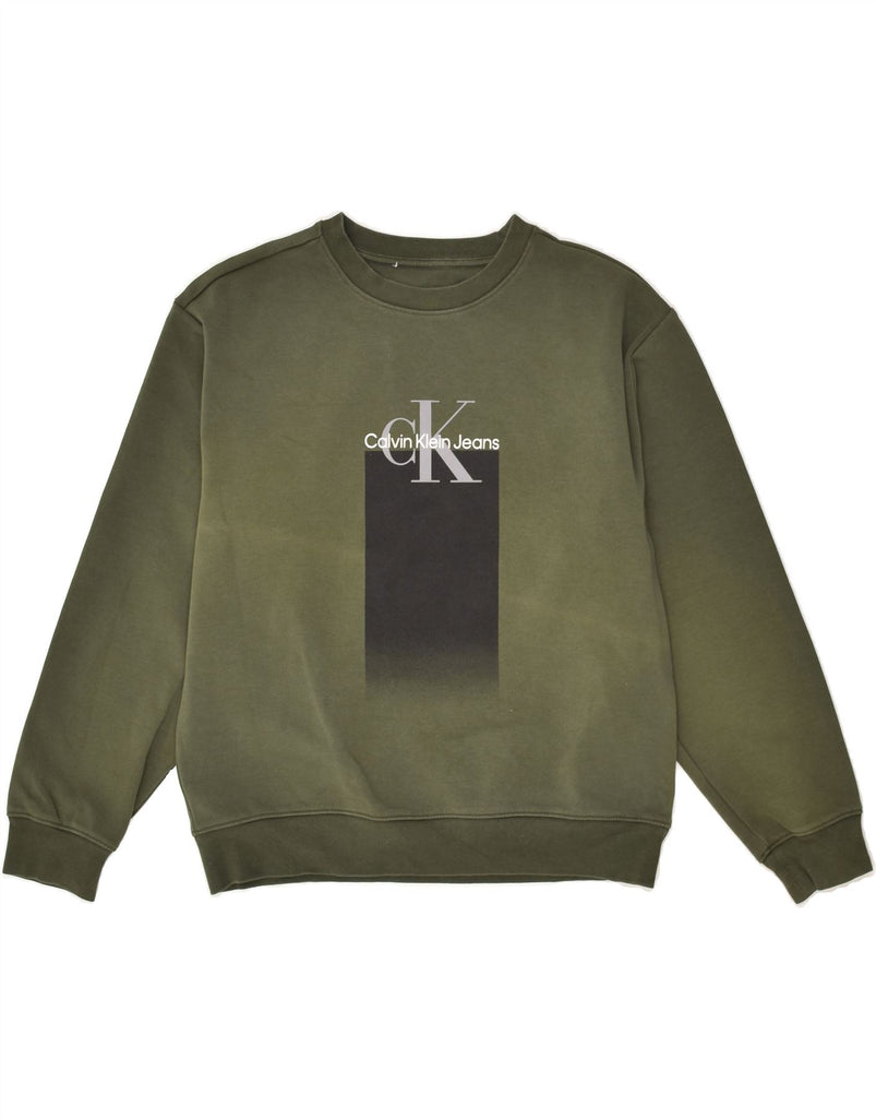 CALVIN KLEIN Boys Graphic Sweatshirt Jumper 15-16 Years Khaki Cotton | Vintage Calvin Klein | Thrift | Second-Hand Calvin Klein | Used Clothing | Messina Hembry 