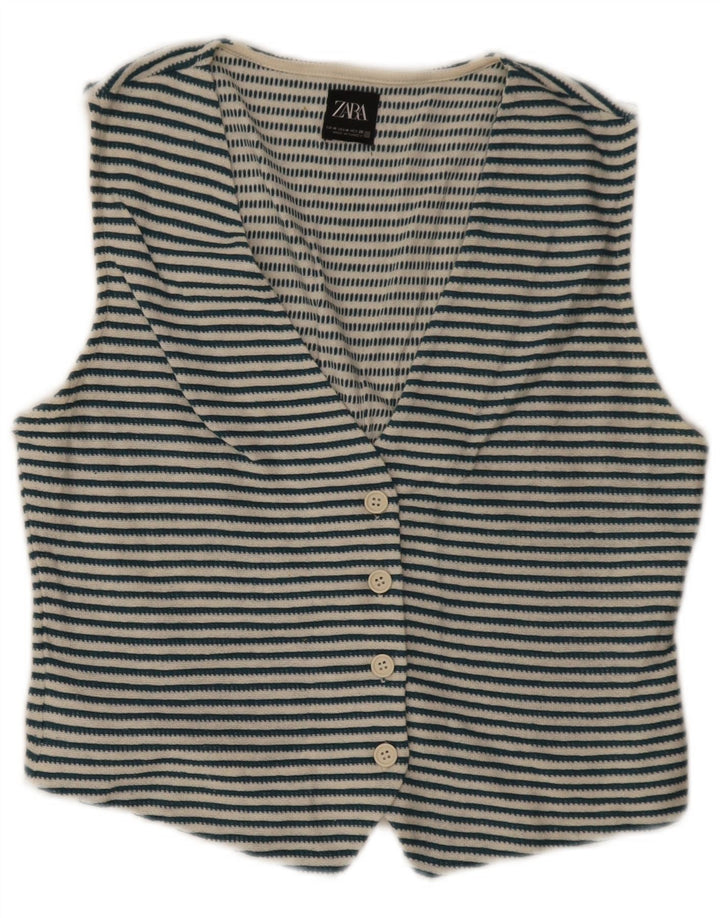 Zara Womens Waistcoat UK 12 Medium Blue Striped Cotton