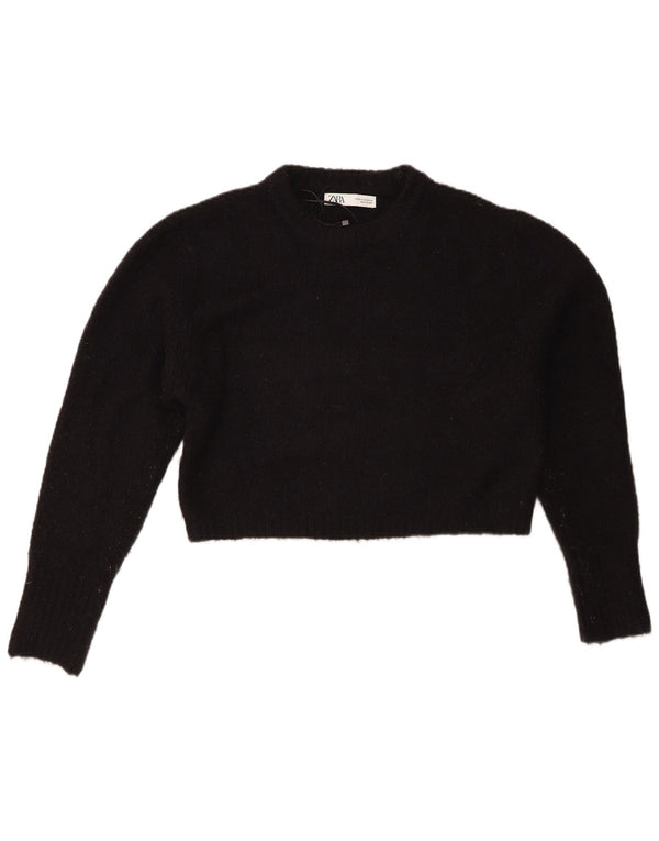 Zara Womens Crop Crew Neck Jumper Sweater UK 14 Medium Black Acrylic
