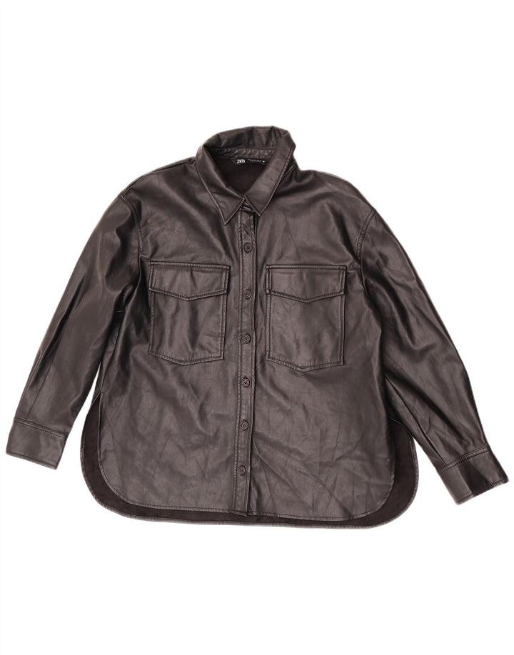 Zara Womens Faux Leather Shirt UK 14 Medium Black Polyester
