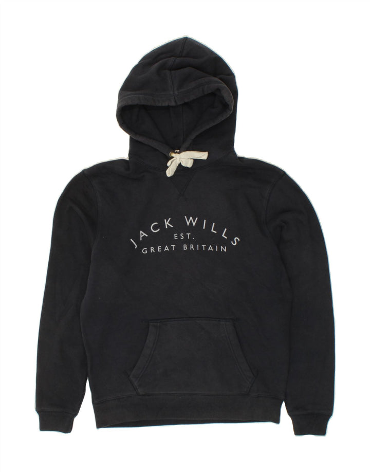 JACK WILLS Mens Graphic Hoodie Jumper Medium Navy Blue Cotton Vintage Jack Wills and Second-Hand Jack Wills from Messina Hembry 