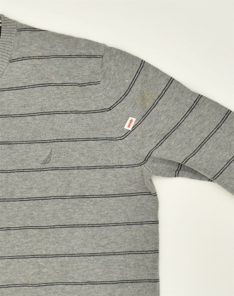 NAUTICA Mens V-Neck Jumper Sweater Small Grey Striped Cotton | Vintage Nautica | Thrift | Second-Hand Nautica | Used Clothing | Messina Hembry 