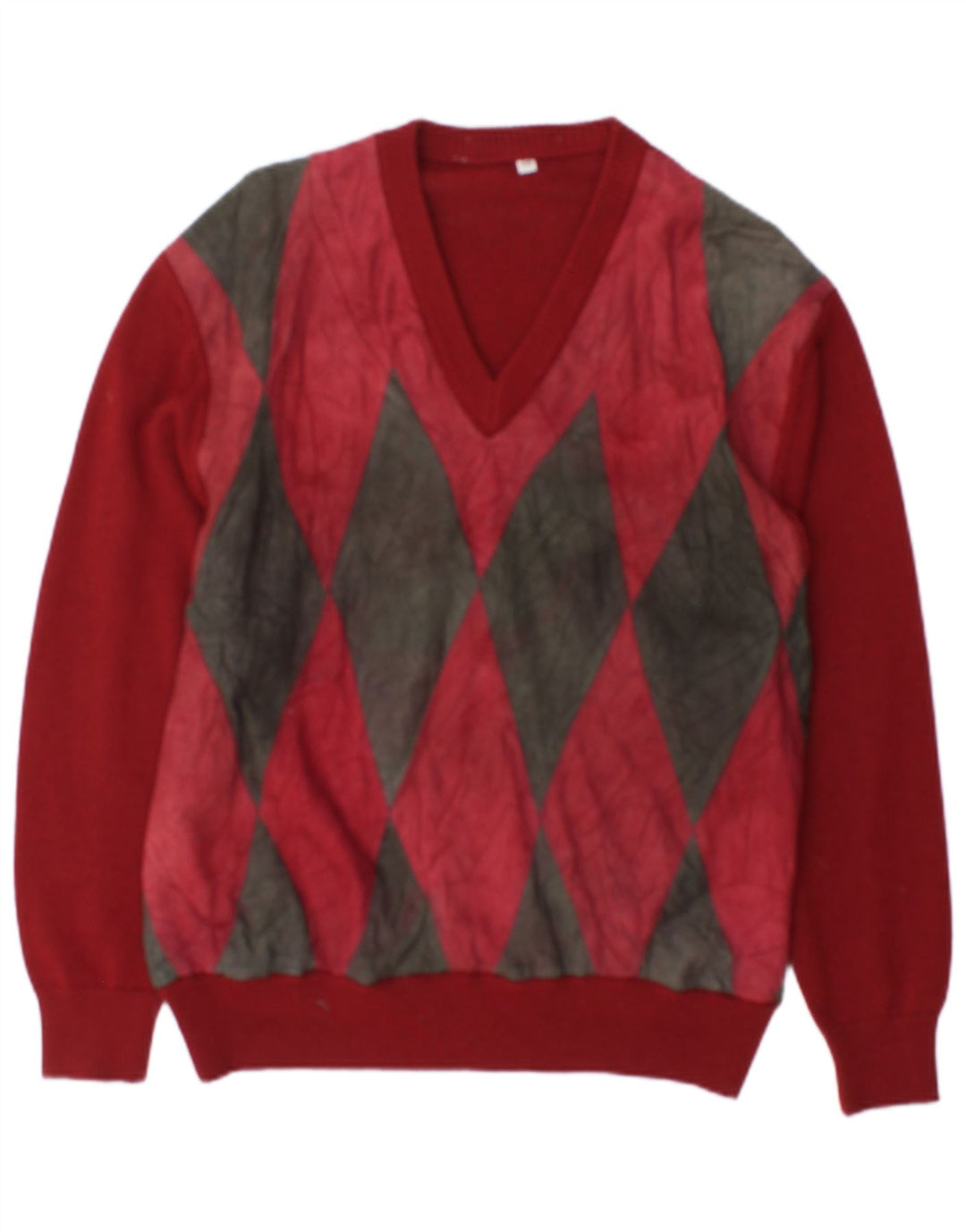 Vintage Mens V-Neck Jumper Sweater IT 48 Medium Burgundy Argyle/Diamond