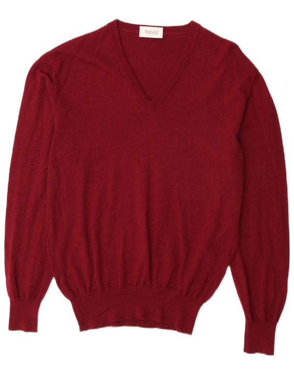 Vintage Womens V-Neck Jumper Sweater UK 16 Large Burgundy Virgin Wool