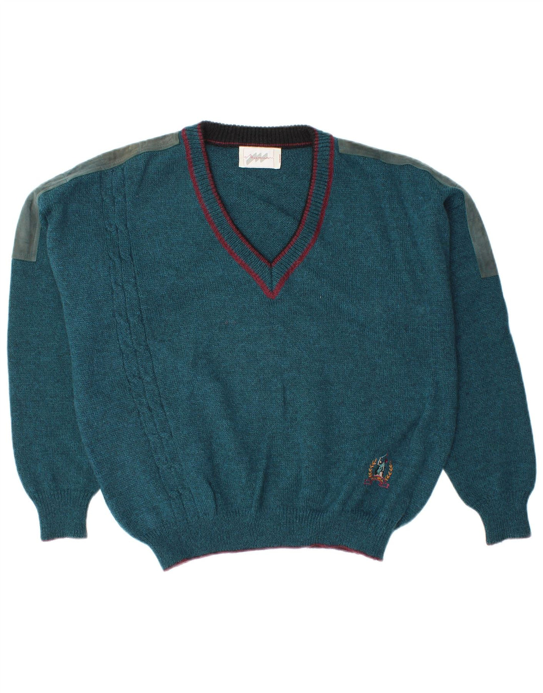 Vintage Mens V-Neck Jumper Sweater Large Blue Colourblock Wool