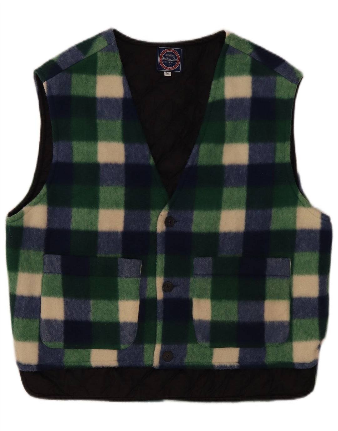 Vintage Mens Fleece Gilet UK 38 Medium Green Gingham Polyester